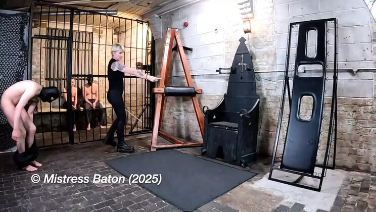 Blonde MILF MistressBaton Spanks Slave Romeo in Hardcore BDSM Exercise Punishment